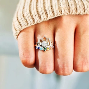 S925 sterling silver lotus ring featuring colorful zircon stones worn on finger