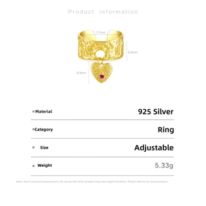 Detailed view of S925 silver heart ring with zircon texture and size specifications