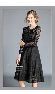 Détail de la robe en dentelle noire dévorée avec motifs floraux vintage et coupe trapèze