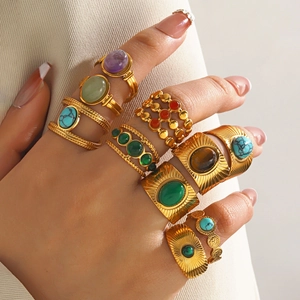 Vintage Stainless Steel Ring 18K Gold Plated Natural Stone Turquoise Tiger Eye Adjustable Open Jewelry Women