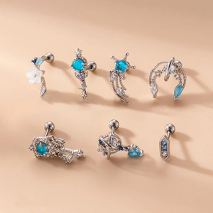 Blue zircon and shell flower stainless steel stud earring set with varied geometric designs