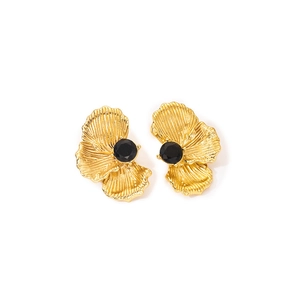 Vintage stainless steel petal earrings with pleated texture and black zircon center