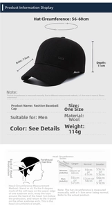 Size chart for men's winter baseball cap with 56-60cm circumference and ear protection
