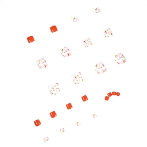 Sweet peach and coral orange press-on toenails with cute fruit patterns for summer