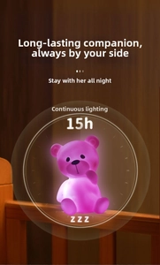 Detail of cute bear night light showing 15h continuous lighting feature in purple