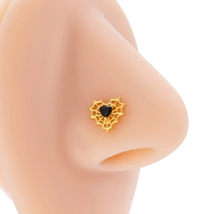 Golden heart-shaped web nose stud with black zircon gemstone on professional model