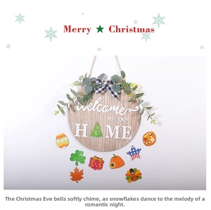 Detail showing interchangeable magnetic holiday icons for wooden round welcome sign