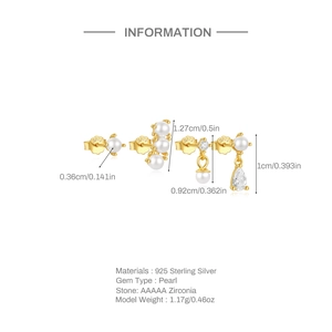 Set of 4 gold S925 sterling silver earrings featuring white pearls and cubic zirconia