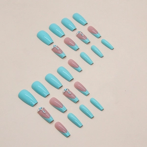 Blue and pink ballerina fake nails set with sparkling rhinestones and French design