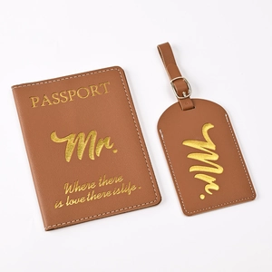 Brown PU leather passport holder and luggage tag set with elegant gold foil stamping