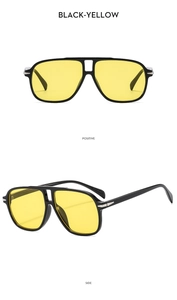 Detail view of black frame aviator sunglasses with yellow lenses from front and side angles