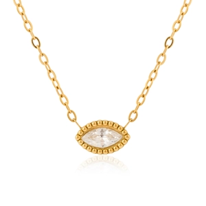 Détail du pendentif marquise en zircon or 18k avec bord perlé sur chaîne fine