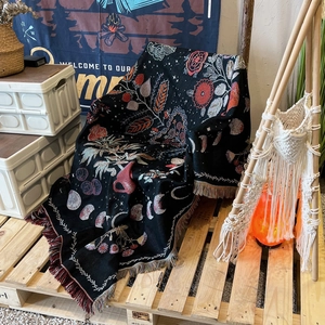Bohemian cotton woven camping blanket with floral moon patterns and tassels
