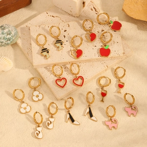 18K gold plated stainless steel hoop earrings set with colorful enamel charms