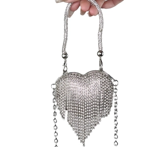Silver heart-shaped rhinestone evening clutch bag with fringe tassels for women