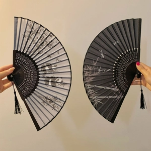 Chinese Style Folding Fan Ink Painting Satin Cloth Bamboo Ribs Portable Handheld For Hanfu Qipao Photography Props Decorative With Tassel