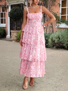 Detail of pink floral chiffon midi dress with layered ruffles and square neckline style