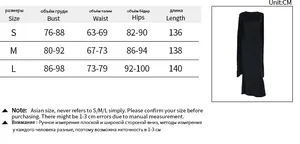 Detailed size chart for the black backless evening dress with CM measurements