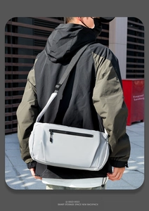 Detail of grey waterproof shoulder bag showing zipper closure and adjustable strap