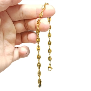 Unisex gold coffee bean link chain bracelet in stainless steel with lobster clasp