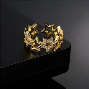 Star Ring Hollow Geometric Copper Cubic Zirconia Open Adjustable Gold Plated Jewelry Gift For Women