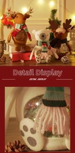 Detail of Christmas candy jar with reindeer plush cap and striped scarf on clear glass