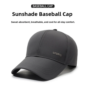 Detail of dark grey baseball cap with laser-cut breathable holes and sports embroidery