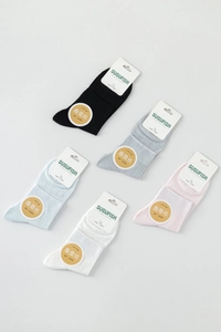 Flat lay of five colors thin silk socks with brand tags and mulberry silk labels