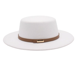Detail shot of white wool felt boater hat featuring a brown leather band and gold buckle