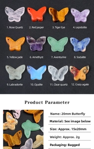 Macro detail of 15x20mm natural crystal butterfly pendants showing textures and sizes