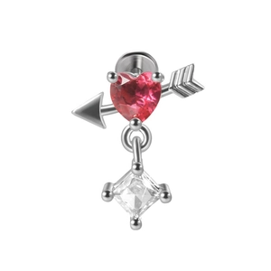 Threadless stainless steel cupid arrow jewelry with red heart stone and square zircon