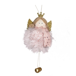 Pink plush Christmas angel ornament with golden crown, wings and bells on white background