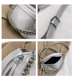 Detail of silver crossbody bag featuring lychee texture leather and metallic chain strap