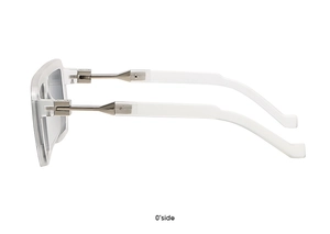 Detail view of white square sunglasses frame with metallic hinge structure and design