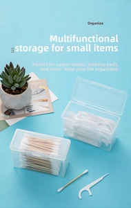 Close-up of clear dustproof storage boxes for cotton swabs and dental floss sticks