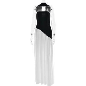 Elegant black and white halter neck maxi dress with asymmetric split patchwork design