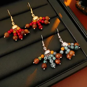 Bohemian Beaded Drop Earrings Wood Glass Stone Beads Silver Earring Post Ethnic Retro Vintage For Women
