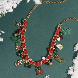 Christmas Necklace With Alloy Enamel Pendants Ribbon Weave Chain Holiday Gingerbread Man Tree Bell Jewelry For Women