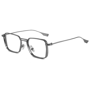 Detail of gunmetal square metal glasses frame with fine striped engraved texture