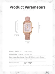 Pink rectangular fashion watch with crocodile texture leather strap and quartz movement details