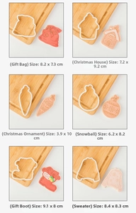 Detail of 6-piece Christmas fondant cookie cutters showing embossed shapes and dimensions