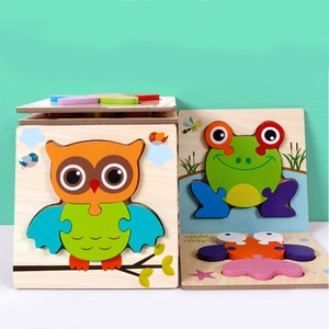 3D wooden animal puzzles including owl, frog and crab for kids early learning