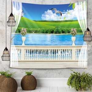 Macro detail of the woven wall tapestry featuring a scenic coastal balcony view