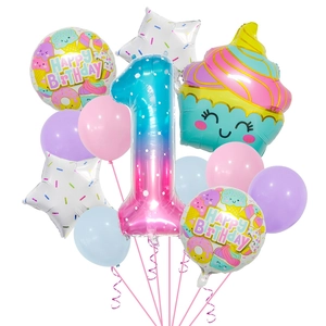 Detail of macaron color balloon set with gradient number 1 and ice cream patterns
