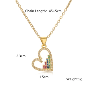 Detailed view of 18K gold plated heart pendant with multicolor stones and dimensions