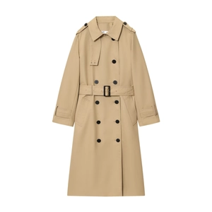 Classic khaki double-breasted trench coat with waist belt and epaulets on white background