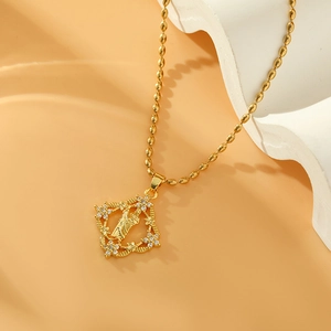 Gold plated square portrait pendant necklace with zircon and delicate bead chain