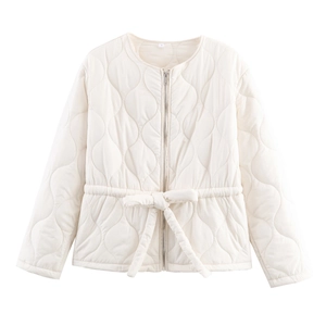 Kids quilted beige cotton jacket with round neck and waist belt on white background