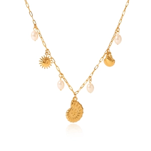 Gold stainless steel starfish shell necklace with irregular pearls and ocean charms