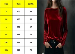 Detailed size chart for the velvet long sleeve top including bust and length measurements